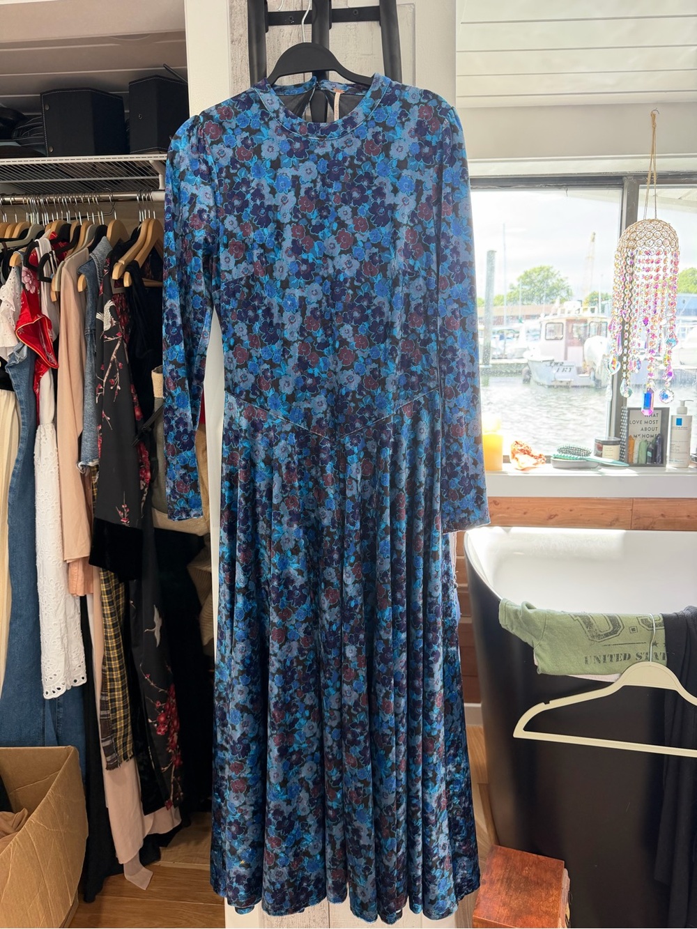 Free People Blue Floral Long-Sleeve Midi Dress